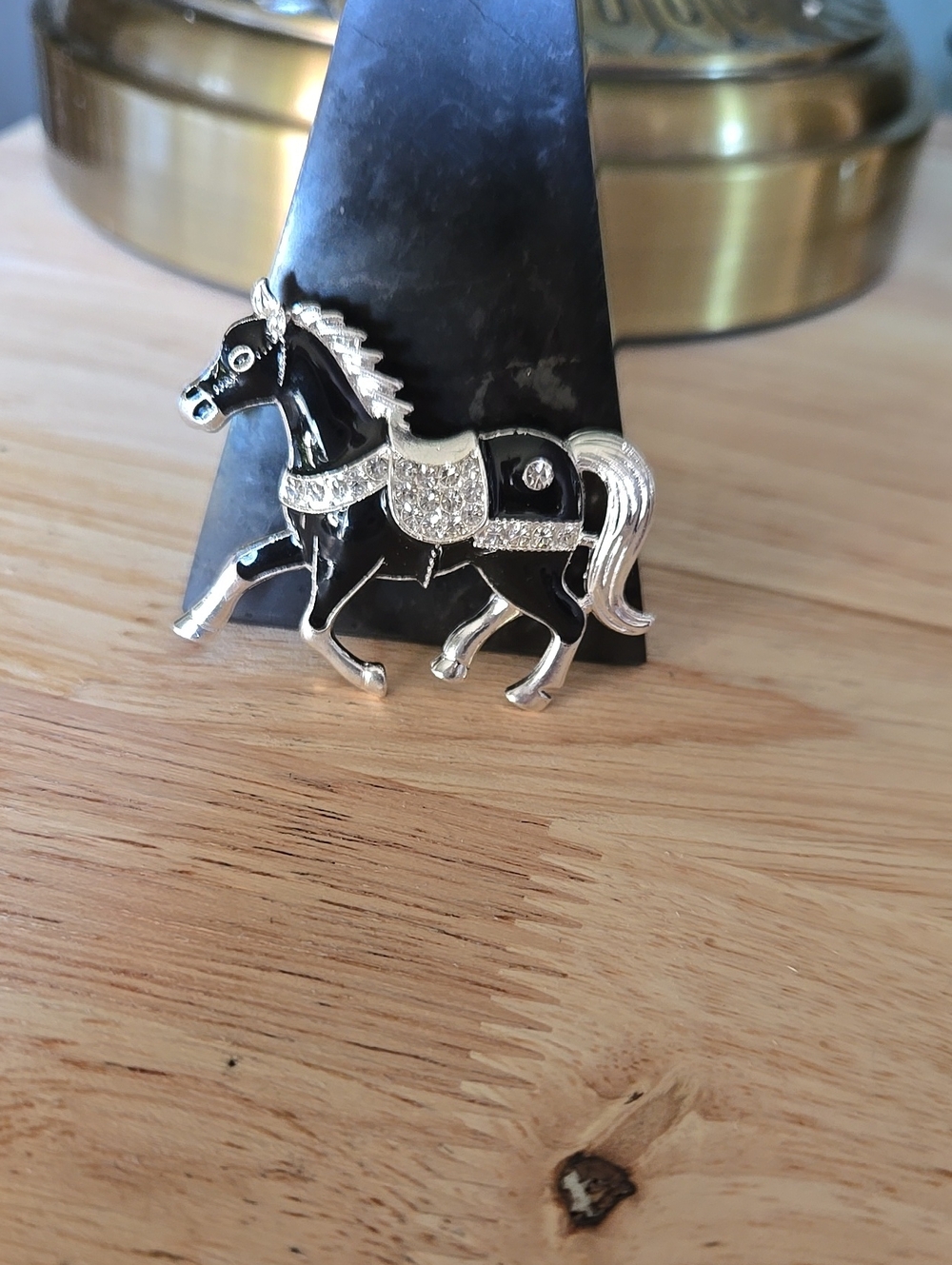 Black Enamel Horse Brooch with Rhinestone Accents